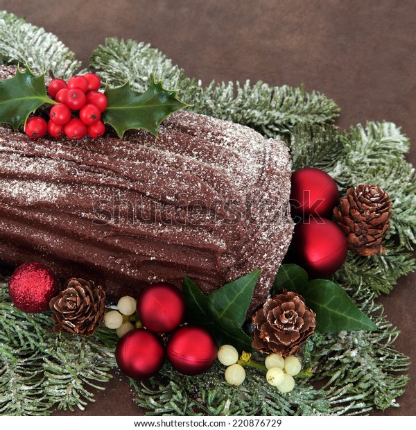 Chocolate Yule Log Red Bauble Decorations Stock Photo Edit Now