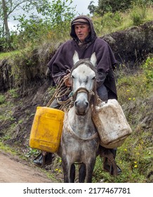 Choconta, Colombia, May 29 2022 : Portait, Typical Rural Scene Of A Colombian Farmer With His Horse On An Earth Path. The Old Man Wears A Wool Traditionnal Poncho, The Horse Is Harnessed With A Rope.