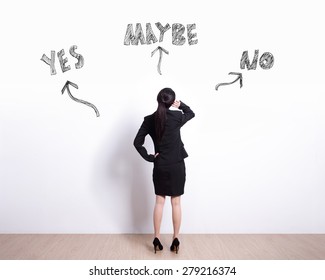 Choice Concept - Back View Of Business Woman Look White Wall And Think With Yes Or No Choice