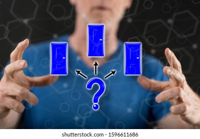 Choice concept between hands of a man in background