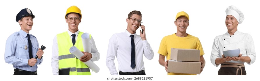 Choice of profession. Same man representing different occupations. Collage of portraits on white background