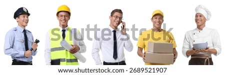 Choice of profession. Same man representing different occupations. Collage of portraits on white background
