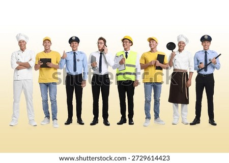 Choice of profession. Same man representing different occupations. Collage of portraits on beige gradient background