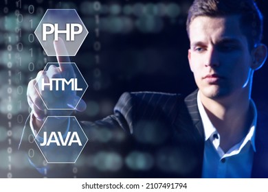 Choice of programming language. Man chooses way to write programs. Geek choosing programming technology. Young businessman reaches for word PHP. Html and Java onVirtual Screen. PHP technology