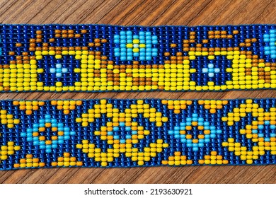 Chokers Made Of Braided Beads Of Blue-yellow Color With Ukrainian Folk Patterns.