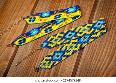 Chokers Made Of Braided Beads Of Blue-yellow Color With Ukrainian Folk Patterns.