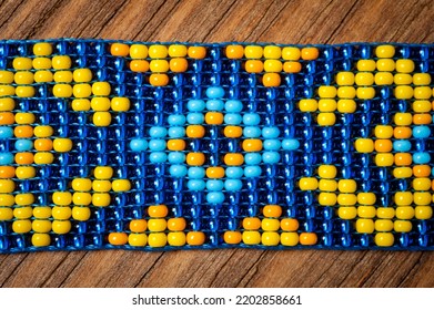 Chokers Made Of Braided Beads Of Blue-yellow Color With Ukrainian Folk Patterns.