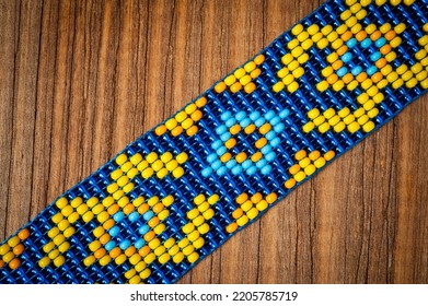 Chokers Made Of Braided Beads Of Blue-yellow Color With Ukrainian Folk Patterns.