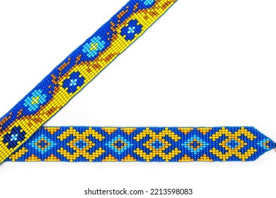 Chokers Made Of Braided Beads Of Blue-yellow Color With Ukrainian Folk Patterns.