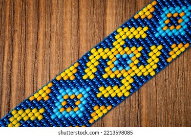 Chokers Made Of Braided Beads Of Blue-yellow Color With Ukrainian Folk Patterns.