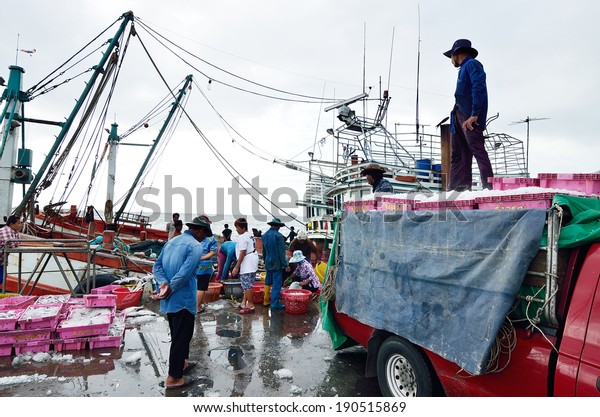 CHONBURI,\
THAILAND - AUGUST 17 : Unidentified people trading fish on August\
17, 2013 in Sriracha, Chonburi, Thailand\
