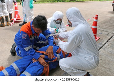 Chonburi/ Thailand - August 5,2019 : Emergency Action Plan & Safety Management Training, Rescue Team Is Prepare A Patient For Transporting Him To A Hospital.