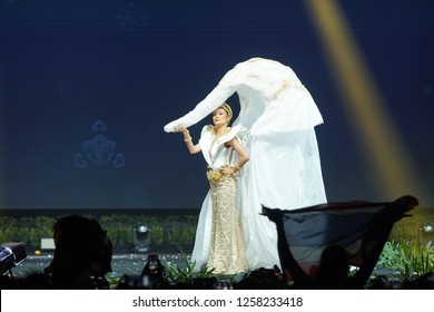 Chonburi, Thailand - December 10, 2018 ; Beauty Pageant Contestants Present Universe Costume On Stage For 