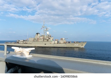 CHONBURI, THAILAND - DECEMBER 24, 2019 : H.T.M.S. TAPI, The Coastal Defence Frigate Of Thai Navy Sails Along The Other Ship Between Annaul Exercise In Gulf Of Thailand.