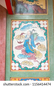 Chonburi, Thailand - February 28, 2018 : Old Mural Wall Picture Depicting Old Chinese Scholar In Naja Chinese Shrine In Chonburi, Thailand On February 28, 2018.