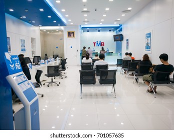 Chonburi, Thailand, July 2017: Bank Counter Service And People Waiting For Financial Transaction In The Bank