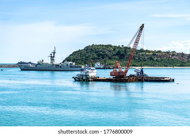 CHONBURI, THAILAND -  JULY,9 2020 : Offshore Barges with crane and Platform Supply Vessel mooring near island.