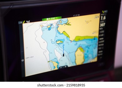 Chonburi Thailand , March 17 , 2022 : GPS Marine Maps Screen Navigation System On Yachts.