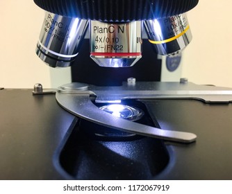 Chonburi, Thailand - May 2 2018 : 4x, 10x And 100x Objective Lenses Of Olympus Light Microscopy At Medical Laboratory.