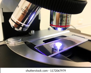 Chonburi, Thailand - May 2 2018 : Objective Lenses Of Olympus Light Microscopy With Specimens Slide At Medical Laboratory.