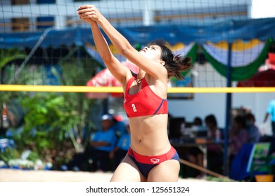 CHONBURI, THAILAND-JANUARY 18: Sariya Viramas of Thaaksin University in action during Beach Volleyball 40thThailand University Games. at Chonburi stadium on January 18, 2013 in Chonburi, Thailand