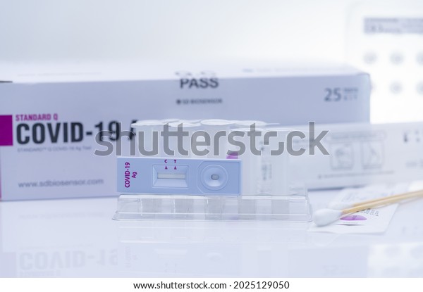 CHONBURI, THAILAND-JULY 26, 2021 : Standard Q\
COVID-19 Ag Test manufactured by SD Biosensor. Rapid antigen test\
kit. Medical device for covid-19 antigen self test. Coronavirus\
infection detection\
kit.