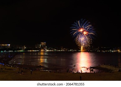 Chonburi,Thailand - 11 26 2020: The fireworks during the Pattaya Firework Festival are colorful and beautiful, there is a backdrop of the city and the beach where people sit and watch the view. 