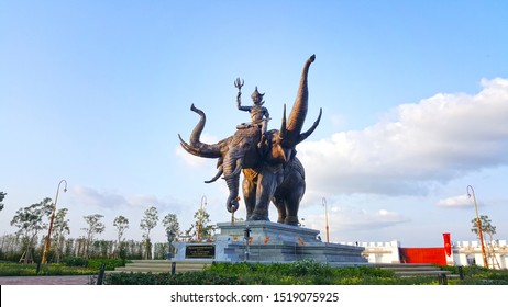 Chonburi/THAILAND - April 6, 2019 : Lord Indra On Airavata Elephant At Legend Siam In PATTAYA : Thailand’s First And Largest Thai Cultural Theme Park. 