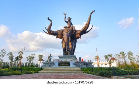 Chonburi/THAILAND - April 6, 2019 : Lord Indra On Airavata Elephant At Legend Siam In PATTAYA : Thailand’s First And Largest Thai Cultural Theme Park. 