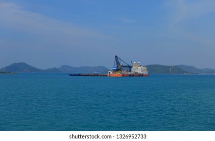   Chonburi,Thailand,-27 December 2018 : Container Cargo ship in the ocean in Thailand, Ocean background,                     