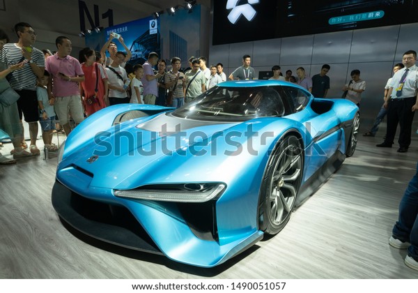 Chongqing,China-August,26th\
2019: electronic powered race car displayed in Smart china expo.\
China is developing electronic powered car industry with national\
strategy china made\
2025.