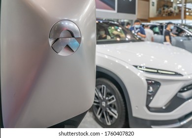 Chongqing,China-June 20, 2020:  Chinese New Energy Car Brand NIO Displayed In China Auto Expo During Covid19 Pandemic. Selective Focus On Logo.