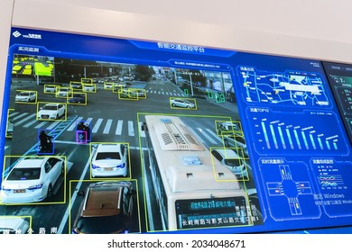 Chongqing,China-May 23 2021:  Traffic Information Management System And Self Driving System Display On Screen