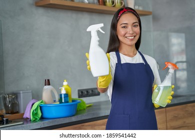 Choosing Product. Attractive Young Woman, Cleaning Lady Smiling At Camera, Holding Two Different Household Cleaning Products, Ready For Cleaning The House