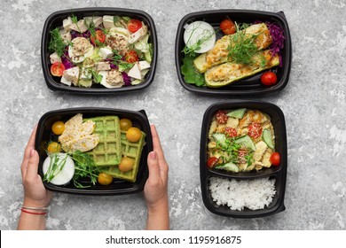 Choosing Take Away Food. Female Hands Taking Container With Healthy Lunch, Top View