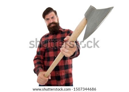 Chop it. Axe selective focus. Bearded man hold large axe handle isolated on white. Brutal lumberjack with iron axe. Cutting axe or wood chopper with sharp blade.
