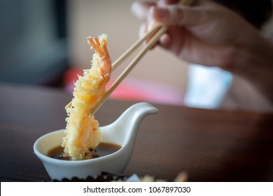 Chop Stick Hold The Tempura Shrimp Dipping Sauce