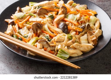 Chop Suey Made With Chicken Quickly Sauteed With Crisp Mixed Vegetables And Bean Sprouts In A Thick Brown Sauce Close-up In A Plate On The Table. Horizontal
