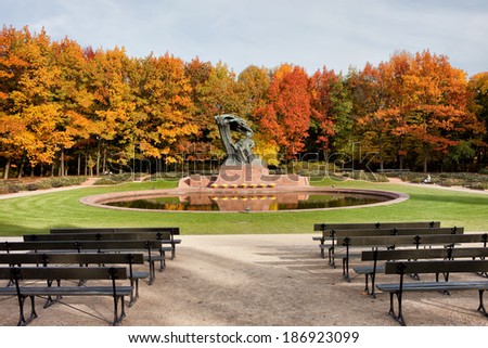 Chopin monument in autumn scenery of the Royal Lazienki Park in Warsaw, Poland, designed around 1904 by Waclaw Szymanowski (1859-1930).