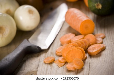 Chopped Carrot On The Kitchen Table