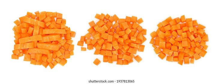 Chopped Carrot Slices Isolated On White Background. Top View