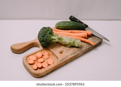 Chopped carrots on a wooden cutting board surrounded by a variety of fresh vegetables, symbolizing World Vegan Day and promoting healthy, plant-based eating - Powered by Shutterstock