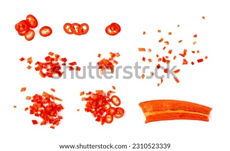 Chopped Chili Peppers Cut Isolated, Fresh Spicy Chilli Pepper Pieces, Red Hot Chili Peppers Parts on White Background
