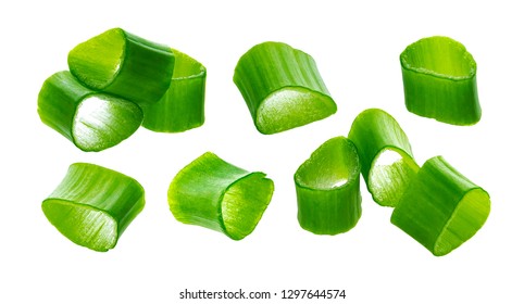 Chopped chives, fresh cut green onions isolated on white background with clipping path, macro, closeup