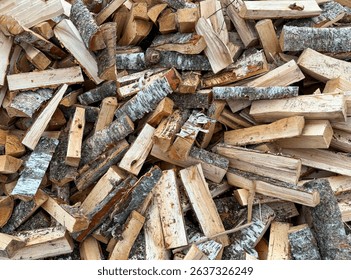Chopped firewood for the winter. A lot of firewood - harvesting wood for heating the house.A stack of firewood with a hand chopping block. Chopped firewood backgrounds. Wooden, natural background.