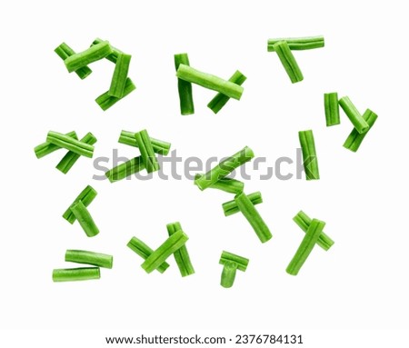 chopped fresh green beans isolated on white background, top view. green beans slice isolated on white background.Entire image in sharpness.