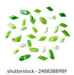 Chopped fresh green onions isolated on a white background. Falling green onion slices, isolated. clipping path.