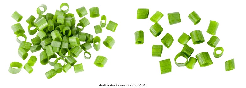 Chopped fresh green onions isolated on white background. Top view - Shutterstock ID 2295806013