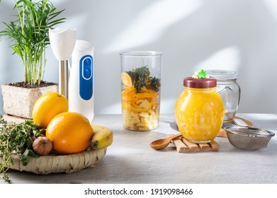 Chopped Fruit For A Blender. Beat The Fruits In A Blender. Fruit And Honey.