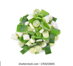 Chopped Green Japanese Bunching Onion Isolated On White Background. Top View